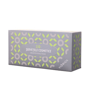 Cutie gri cu 150 servețele cosmetice, motive verzi decorative.