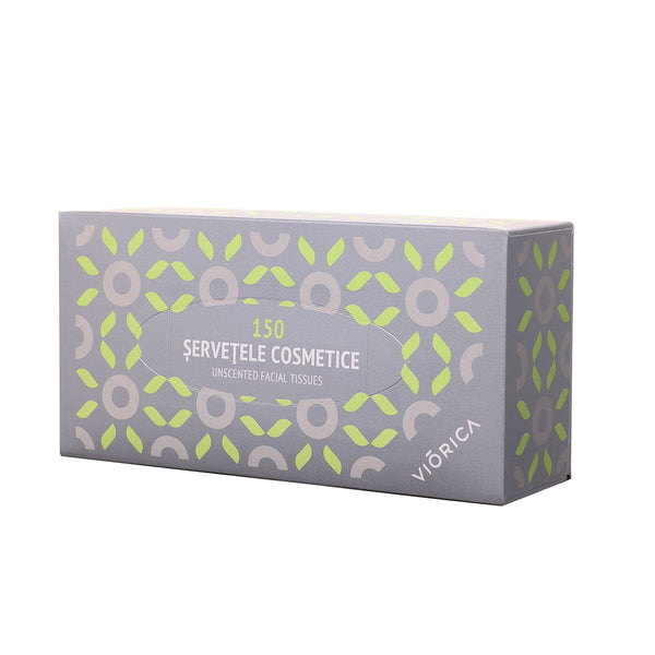 Cutie gri cu 150 servețele cosmetice, motive verzi decorative.