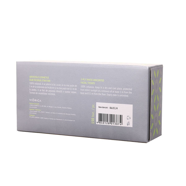 Cutie gri cu șervețele faciale albe, două straturi, 100% celuloză, detalii de fabricație și cod de bare vizibile.