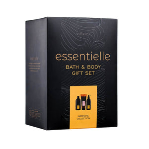 Set cadou pentru baie Viorica Essentielle, cutie design negru și auriu.