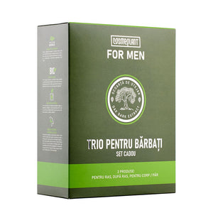 Set cadou For Men cu extract de scoarță de stejar, ambalaj verde, conține produse pentru bărbierit și îngrijire.