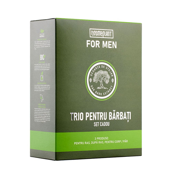 Set cadou For Men cu extract de scoarță de stejar, ambalaj verde, conține produse pentru bărbierit și îngrijire.