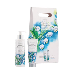 Set pentru Corp „Elixir Floral Lăcrămioara Albă” cu lapte de corp și cremă de mâini în ambalaj floral albastru.