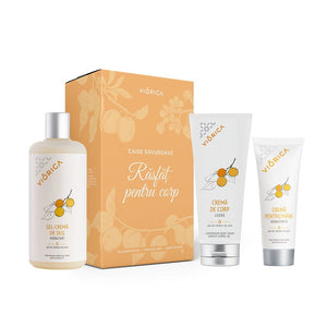 Set Răsfăț cu caise savuroase, cutie portocalie, gel, cremă corp, cremă mâini cu ulei caise.