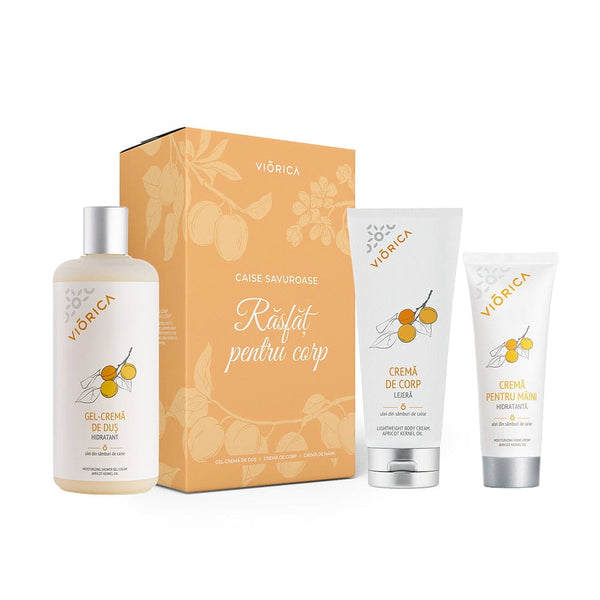 Set Răsfăț cu caise savuroase, cutie portocalie, gel, cremă corp, cremă mâini cu ulei caise.