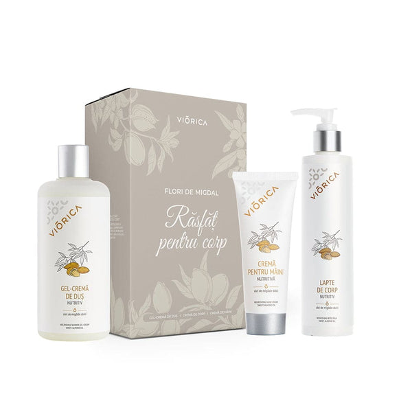 Set corp „Răsfăț cu flori de migdal” Viorica, gel de duș, cremă de mâini, lapte de corp, cutie bej elegantă.
