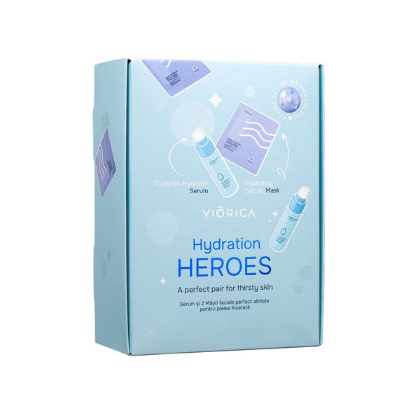 Set Hydration HEROES cu ser și măști în cutie albastră, design modern și componente ilustrate.