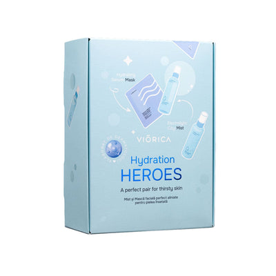 Cutie albastră Set Hydration HEROES cu mască și spray facial pentru hidratarea pielii.