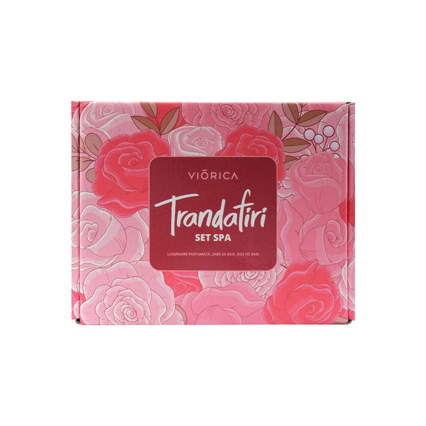Cutie Set SPA Trandafiri Viorica, cu design floral roz și roșu, include produse pentru relaxare.