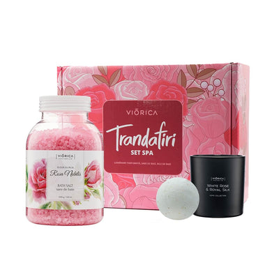 Cutie Set SPA Trandafiri Viorica, cu design floral roz și roșu, include produse pentru relaxare.