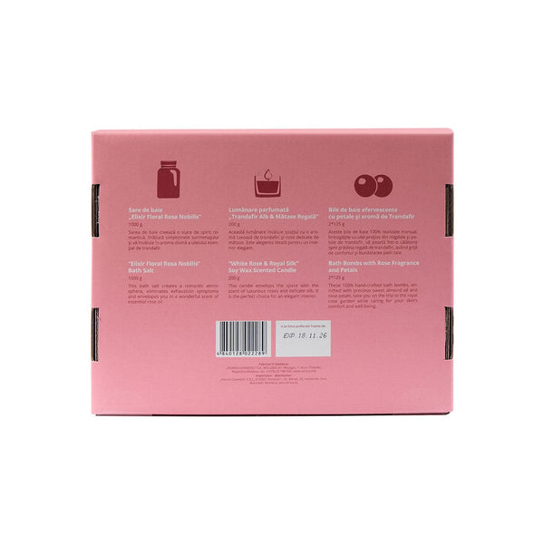 Detaliu cutie Set SPA Trandafiri Viorica; textură mătase roz, ingrediente sare baie și lumânare parfumată.