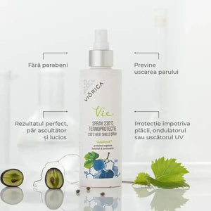 Spray termoprotecție Viorica Vie, flacon alb, textură lichidă cu extract de plante, protecție 230°C.