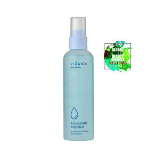 Spray facial Electrolytic City-mist HydroBiotic, sticlă albastră cu capac transparent.