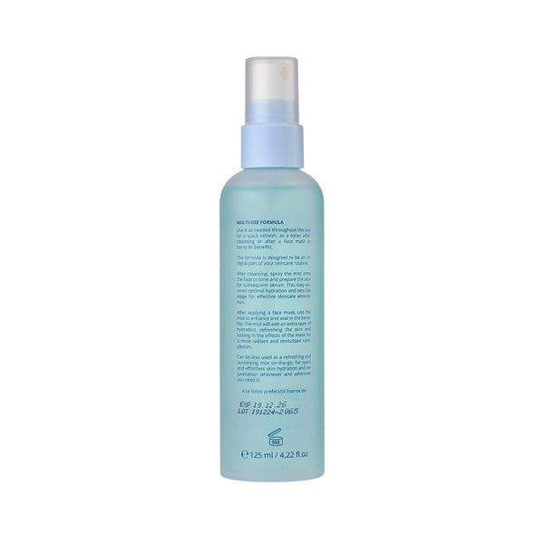 Recipient spray albastru deschis finit, detaliu textură plastic, 125 ml, etichetă HydroBiotic.