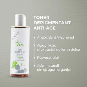 Toner anti-age depigmentant Viorica Vie, sticlă albă, cu extract de lemn dulce și resveratrol, vedere laterală.