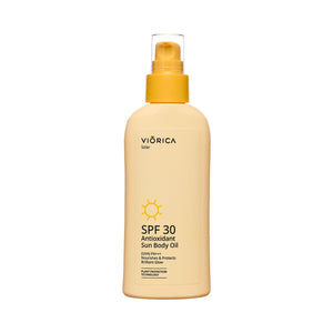 Ulei de corp antioxidant SPF 30 Viorica Solar, sticlă galbenă cu pompiță.