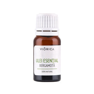 Sticluță ulei esențial de bergamotă, 100% natural, capac alb, etichetă albă, flacon maro întunecat.