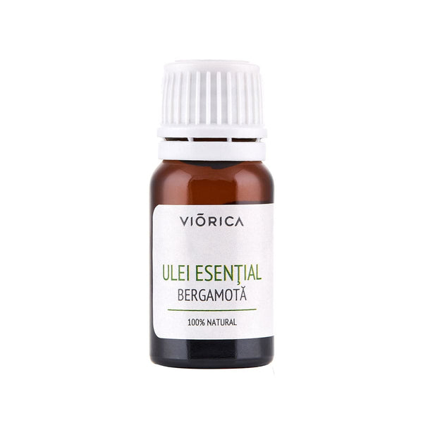 Sticluță ulei esențial de bergamotă, 100% natural, capac alb, etichetă albă, flacon maro întunecat.