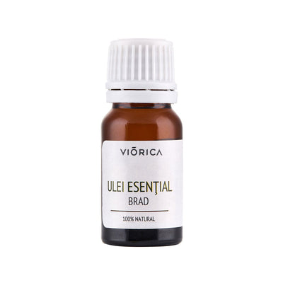 Sticlă brună cu etichetă alba, Ulei Esențial de Brad, capac alb, 100% natural.