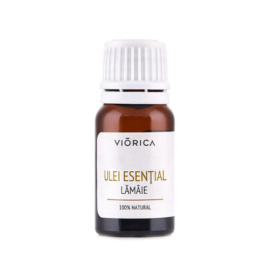 Sticluță maro de Ulei Esențial de Lămâie, capac alb, etichetă albă.