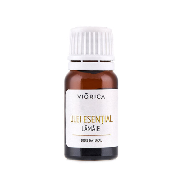 Sticluță maro de Ulei Esențial de Lămâie, capac alb, etichetă albă.