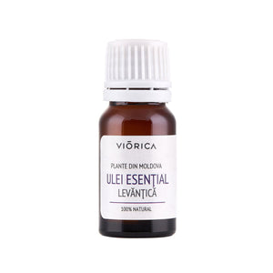 Sticlă Ulei Esențial de Levănțică, ambalaj maro, capac alb, etichetă albă.