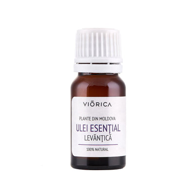Sticlă Ulei Esențial de Levănțică, ambalaj maro, capac alb, etichetă albă.