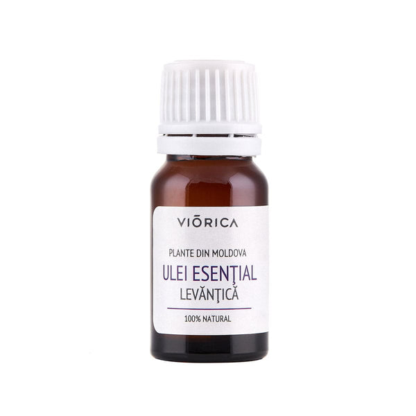 Sticlă Ulei Esențial de Levănțică, ambalaj maro, capac alb, etichetă albă.