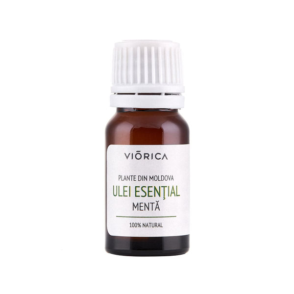 Ulei esențial de mentă, sticlă maro, etichetă albă, capac alb, 100% natural.