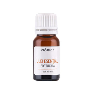 Sticlă marronie cu etichetă albă, Ulei Esențial Portocală Viorica, capac alb, 100% natural.