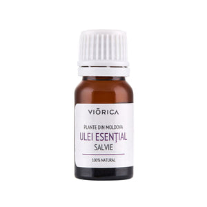 Sticluță ulei esențial salvie, 100% natural, capac alb, etichetă albă.