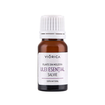 Sticluță ulei esențial salvie, 100% natural, capac alb, etichetă albă.