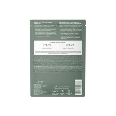 Mască alginată anti-îmbătrânire cu pudră de spirulină și alge brune, ambalaj verde.