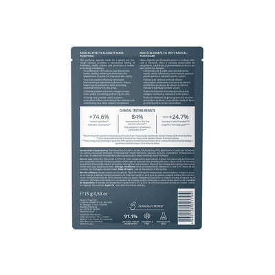 Mască alginată purificatoare albastră cu grafică de diamant și text alb.