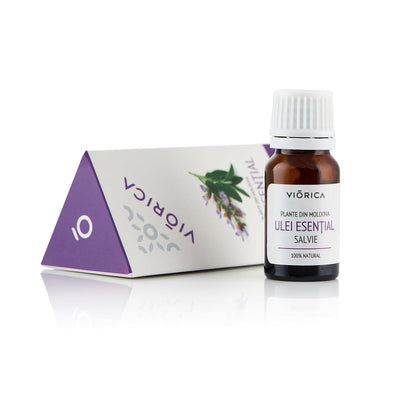 Sticluță ulei esențial salvie, 100% natural, capac alb, etichetă albă.